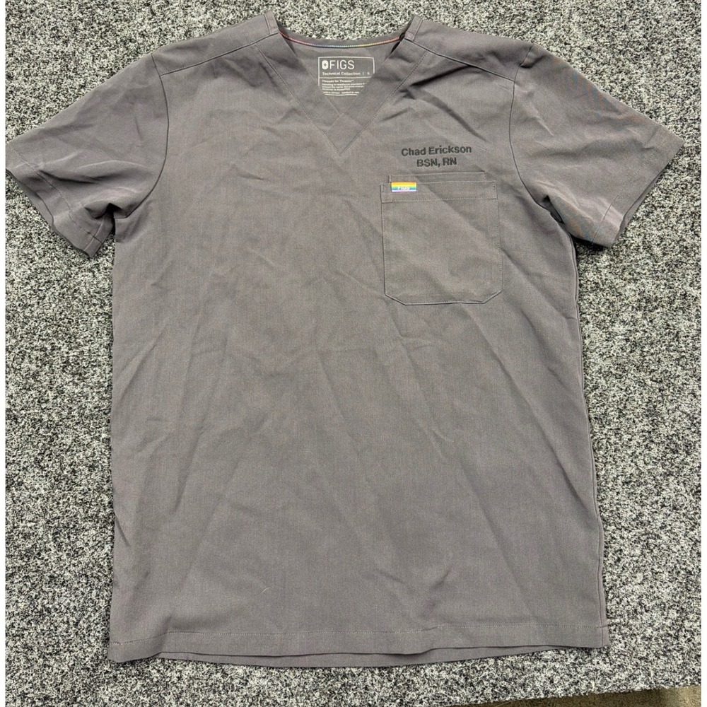 FIGS Scrub Top Mens S Grey Pride Rainbow Embroidery Medical